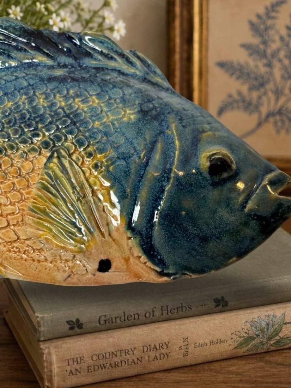 James Lawson Art Pottery Blue Girl Wall Sculpture Fish Art Signed 1995 Blue & Ye - Picture 4 of 6